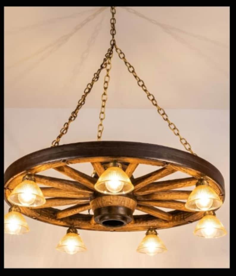 Wagon Wheel Chandelier Western Decor Pendant Rustic Light Log Cabin Decor Individually Handcrafted For Excellence- Rawhide! imagen 5