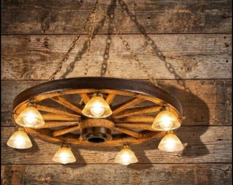 Wagon Wheel Chandelier Western Decor Pendant Rustic Light Log Cabin Decor Individually Handcrafted For Excellence- Rawhide!