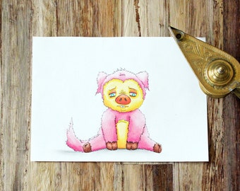 Pig Dog a Creepy Cute Pink Monster and Original Art Print Illustration