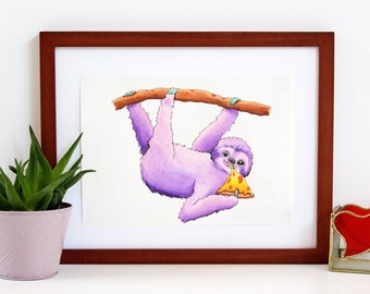 Purple Pizza Eating Sloth Illustration a Cute Animal Art Print
