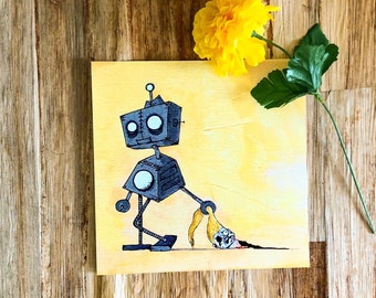 Puede incluir: Una ilustración pintada a mano de un robot con una calavera en la mano, de pie sobre un fondo amarillo. El robot es gris y tiene ojos grandes. La calavera es blanca con ojos negros.