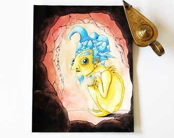 Ice Troll the Creepy Cute Yellow Fantasy Monster Watercolor Art Print