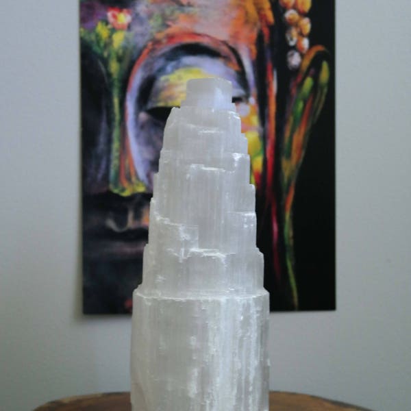 Large 12 inch Selenite Crystal Skyscraper Tower Lamp with Bulb and Cord - Reiki Charged