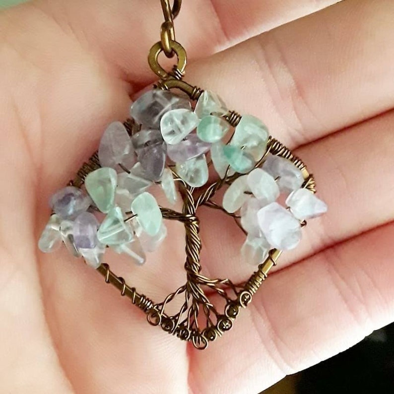 Brass Wire Tree of Life Pendant Fluorite Stone Chips Etsy