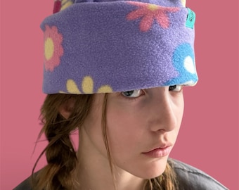 Retro 4 Point Floral Fleece Beanie, Purple Winter Hat