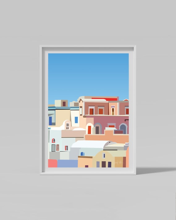 Santorini Wall Art Print Contemporary Art Mediterranean Decor Printable Art Modern Wall Art Colorful Wall Art Architecture Art Oia Art Print