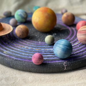 Original Wooden Painted Deluxe Solar System Galaxy Set- Carved Orbit Paths + Base + Planets XL 15” | Montessori space