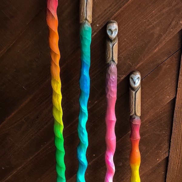 Handcarved Wooden Walking Stick with Owl Handle, handpainted, Montessori, rainbow, waldorf, forest, explorer, family, teacher gift hiking