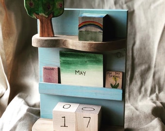 Daily Perpetual Weather/Calendar Station, all wood and Handpainted Large Set Waldorf Montessori Seasons Moon  Colors
