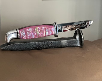 Polished Canadian Railroad Spike Knife display stand