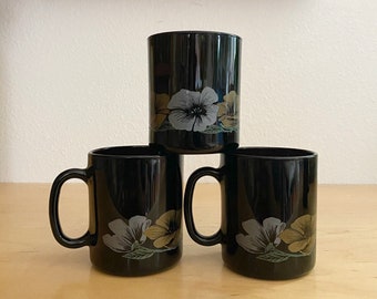 Vintage Black Floral Glass Coffee Mug Set of 4 : Made in France