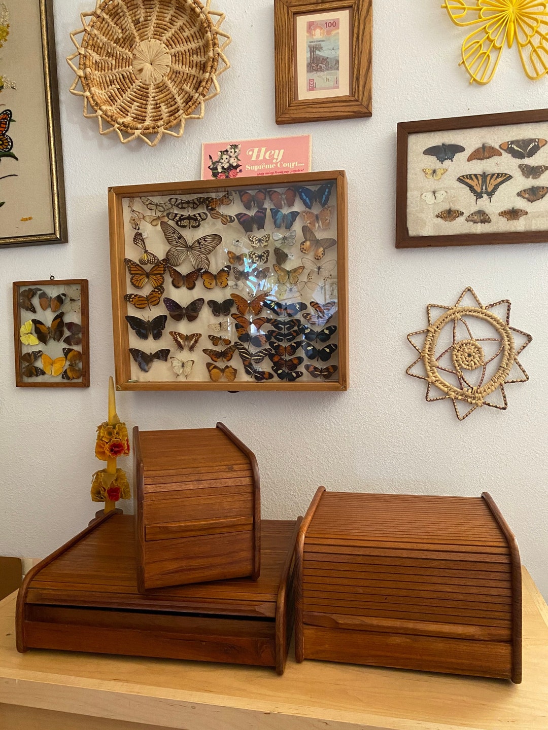 Vintage Teak Wood Roll Top Storage Box Desk Top Organizer Etsy
