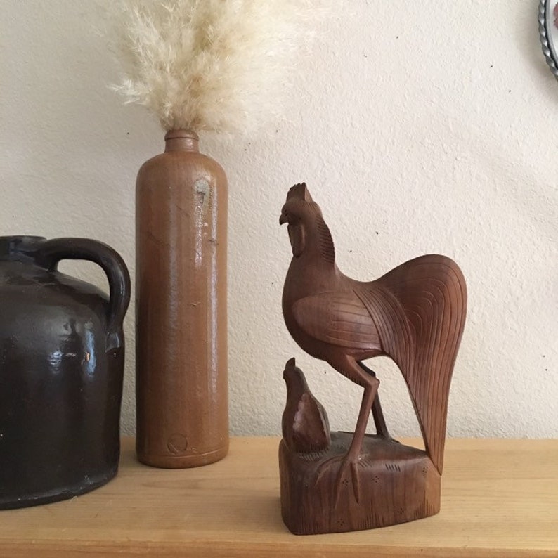 Farm Style Kitchen Decor Vintage Wood Rooster and Chicken Statue