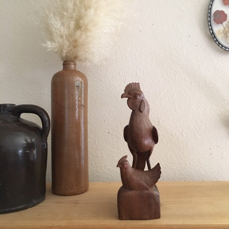 Farm Style Kitchen Decor Vintage Wood Rooster and Chicken Statue
