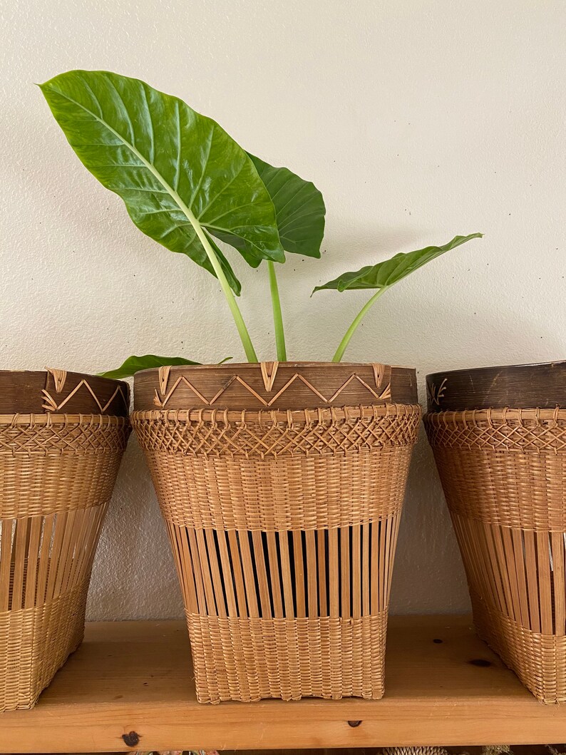 Vintage Bamboo Wicker Indoor Houseplant Basket Planter Pot