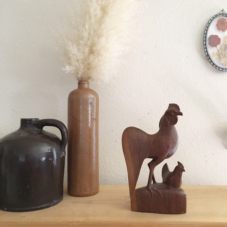 Farm Style Kitchen Decor Vintage Wood Rooster and Chicken Statue