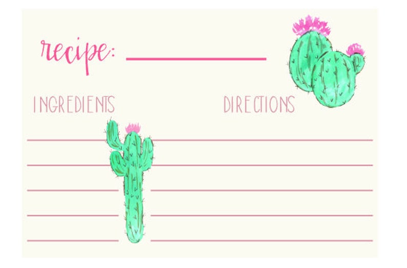 Cactus Recipe Card // Printable Recipe Card // Cactus Wedding Etsy