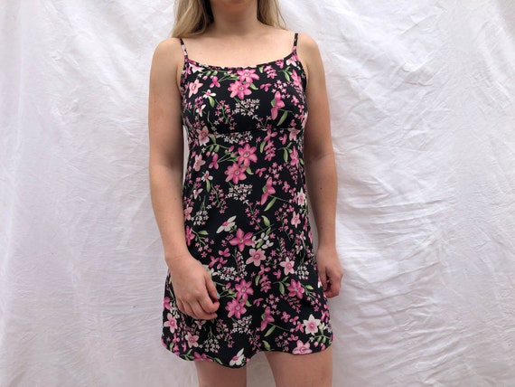 Vintage Pink Floral Cami Dress, Baby Doll Mini Dre