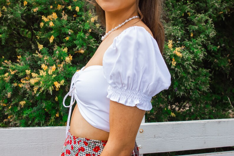 White Milkmaid Crop Top Puffy Sleeve Tie Front Top 90s Style | Etsy