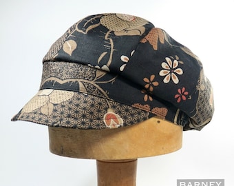 Black Japanese patterned cotton slouchy newsboy cap boho style