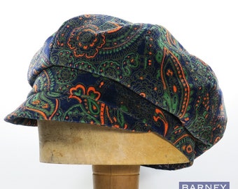 Slouchy newsboy cap navy green orange 1970s paisley cotton velveteen