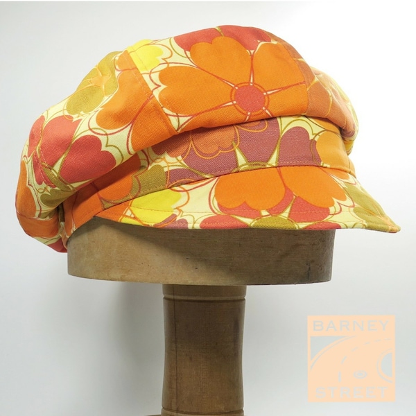 Slouchy newsboy cap orange yellow 1970s style cafe floral cotton adjustable