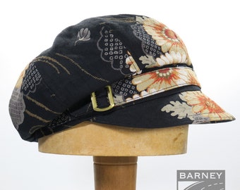 Newsboy cap slouchy Japanese black orange flower pattern cotton adjustable