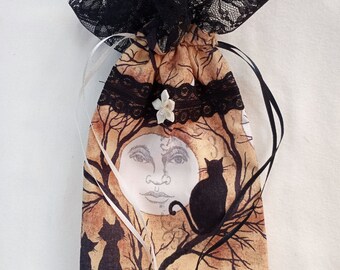 Black cat/ moon tarot bag, handmade