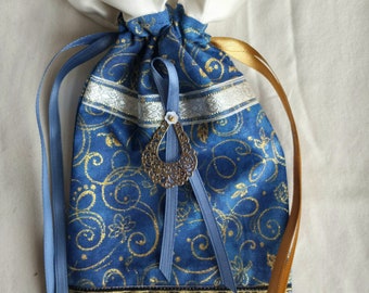 Blue and metallic gold tarot bag, satin trim, handmade