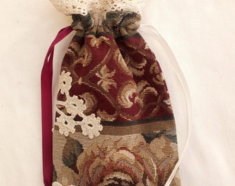 Tapestry floral tarot bag with vintage flower trim, handmade