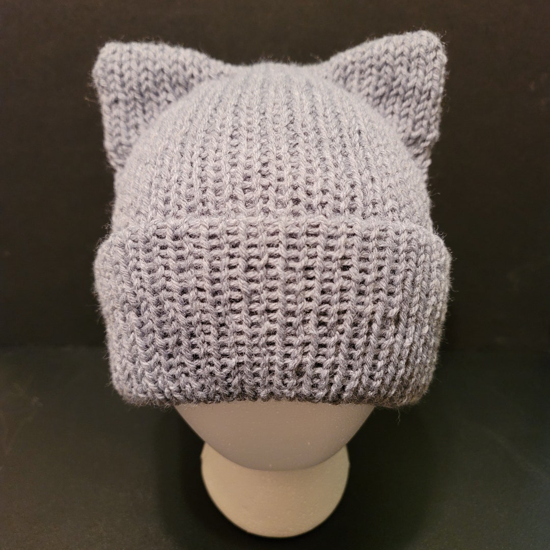 Knit Cat Ears Beanie in Gray With Brim, Double Layered Etsy