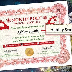 North Pole Official Nice List Certificate Editable PDF FILE Digital Download