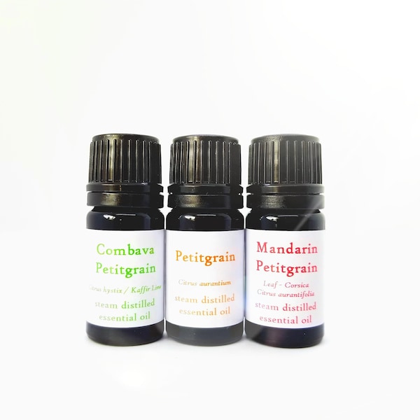 Organic Petitgrain essential oil SET, Combava Kaffir Lime Mandarin Perfume Fine Quality Corsica Paraguay Leaf Twig Steam distilled