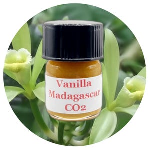 以下が含まれることがあります： 黒いキャップが付いた小さなガラス瓶に、黄色の液体が入っています。瓶には「Vanilla Madagascar CO2」とラベルが貼られており、緑色のバニラ植物と白い花の前に置かれています。