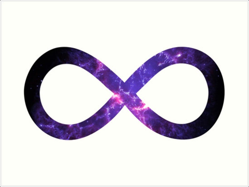 Puede incluir: Un s&iacute;mbolo de infinito morado y negro con un patr&oacute;n de galaxia en su interior.
