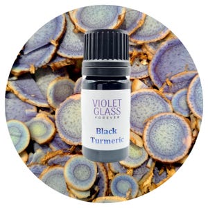 May include: A small, black-capped glass bottle labeled "VIOLET GLASS FOREVER Black Turmeric" sits against a backdrop of sliced purple turmeric. The bottle is filled with a dark liquid, and the label is white with purple text.