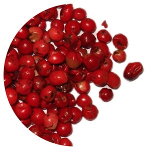 May include: A close-up of a pile of pink peppercorns. The peppercorns are small and round, and they have a slightly wrinkled surface. They are a vibrant red color.