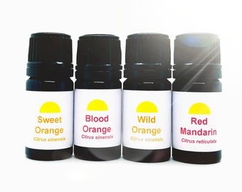 Organic Citrus Essential Oil Set - Red Mandarin, Sweet Orange, Wild Orange, Blood Orange, 5ml Each In Miron Glass with Euro Dropper caps