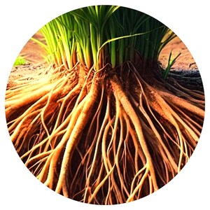 May include: Close-up of a plant's root system, showing a network of brown roots spreading out from the base of the plant.
