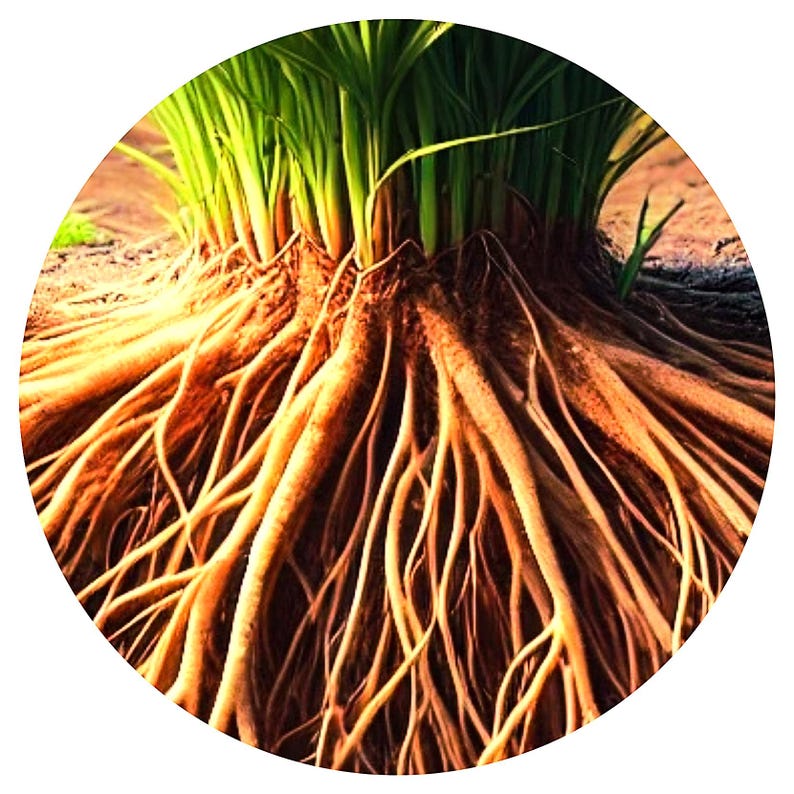 May include: Close-up of a plant's root system, showing a network of brown roots spreading out from the base of the plant.