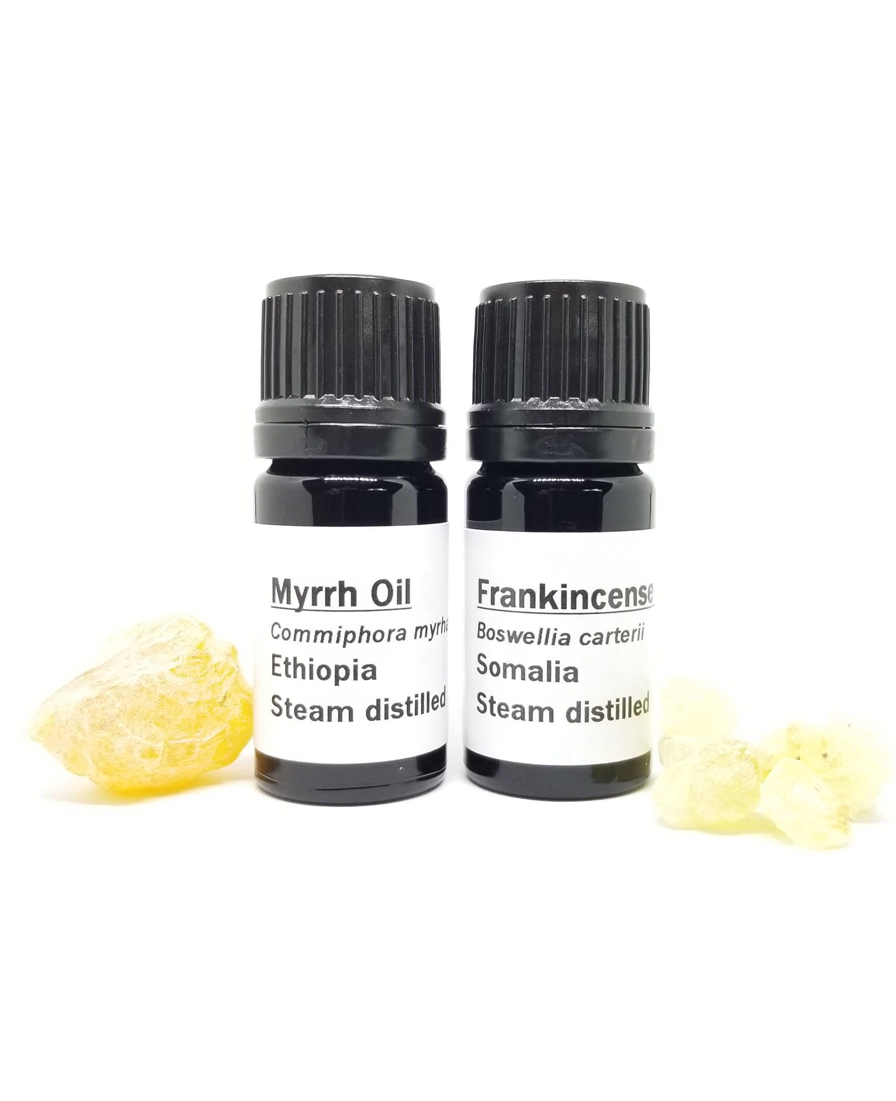 Myrrh and Frankincense oil Set essential oils steam distilled packaged in Miron Violet Glass 5ml each with euro dropper caps