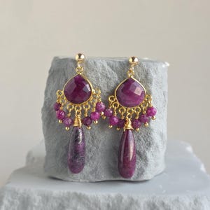 Natural Ruby Chandelier Earrings, Gold-Plated, S925 Silver Posts