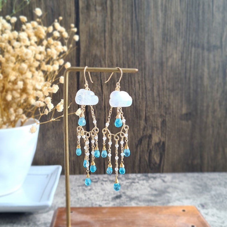 The Cloud and The rain Rainbow Moonstone with Blue Apatite Gemstone Earrings 