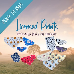 May include: A selection of dog and cat bandanas with licensed prints. Designs include skulls, cartoon characters, and sports team logos. The image displays the text "Licensed Prints" and "Discounted Dog & Cat Bandanas".