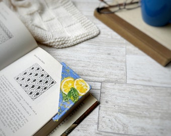 Fabric Corner Bookmark - Blue Lemons