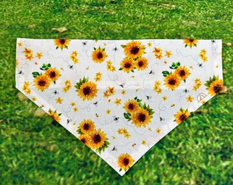 Sunflowers & Bees Dog and Cat Bandana - Scrunchie / Elastic, Over the Collar, Snap and Tied Styles