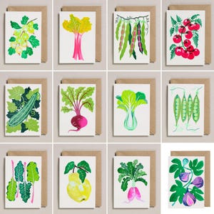 Obst und Gemüse Risograph Print Grußkarten, 12er Set.