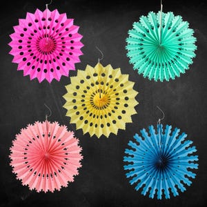 Colourful Tissue Paper fan Decorations, Pack of 5.