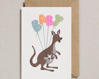 New Baby Congratulations Risograph Printed Greeting Card, Kangaroo Illustration.