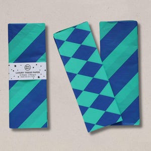 Carta velina di lusso, senza acidi, motivi a righe diagonali blu e turchese e arlecchino, 10 fogli.